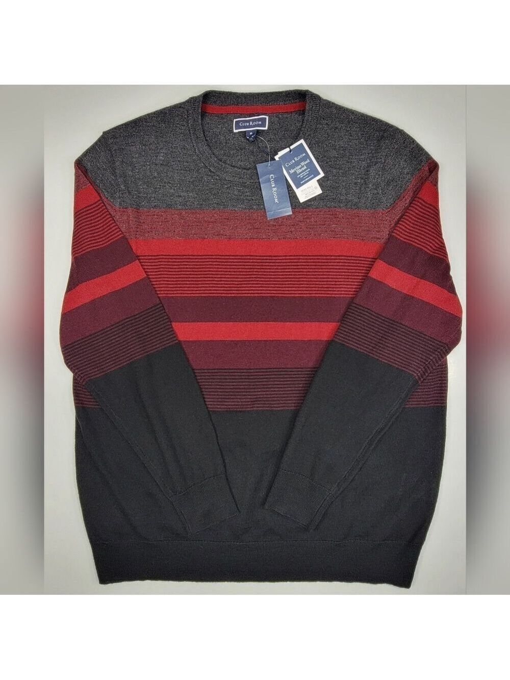NEW Club Room Sweater Mens XL Black Red Gray Merino Wool Blend Crew Neck NWT